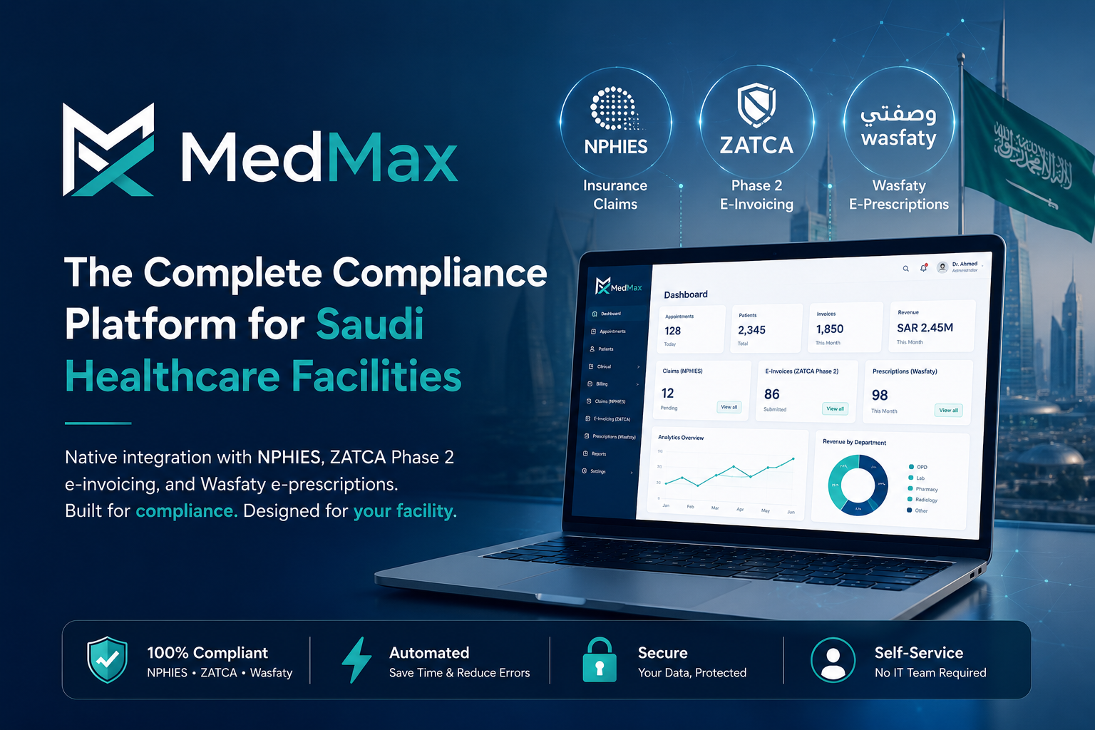 MedMax logo — Saudi medical facility system with NPHIES and ZATCA compliance
